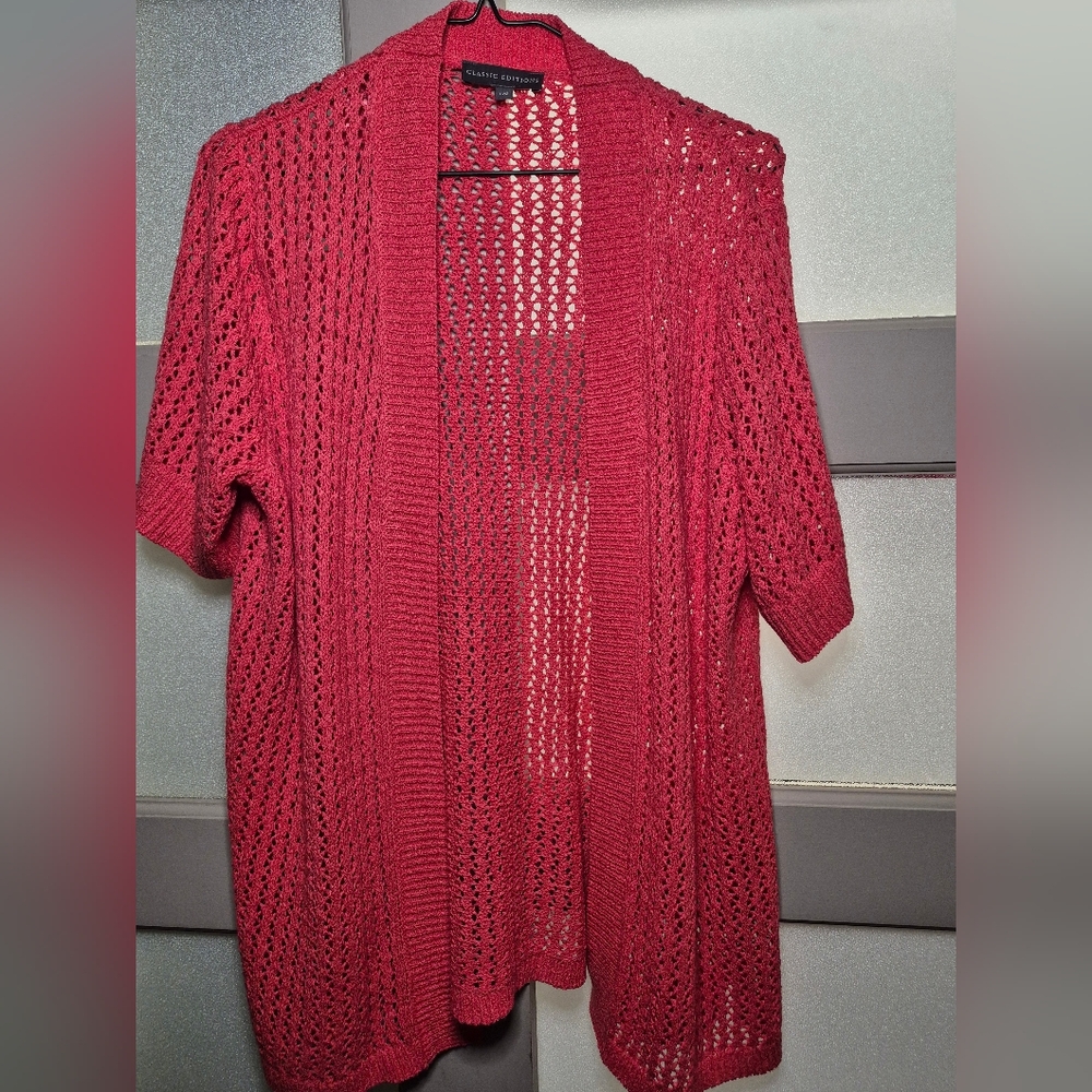 Red Textured Knit Cardigan Sweater